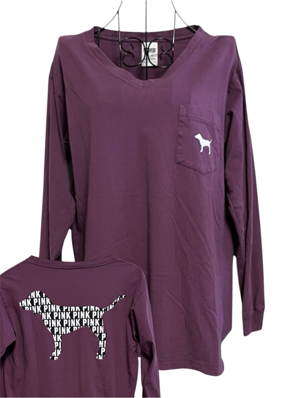 PINK Victoria’s Secret Long Sleeve V-Neck Graphic Purple Dog Tee, Size XS